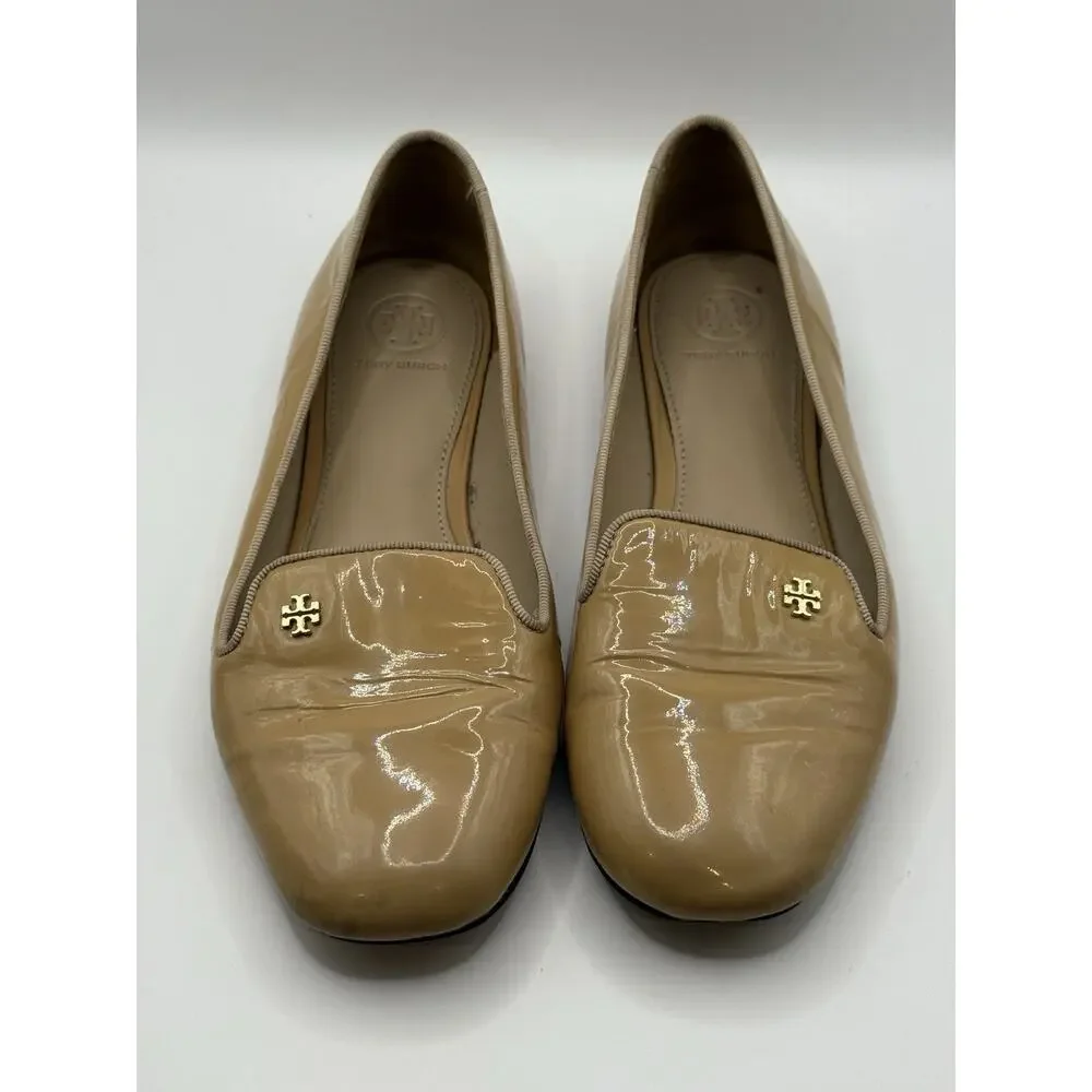 Tory Burch Women's 8M Samantha Smoking Patent Leather Slippers Loafers Beige